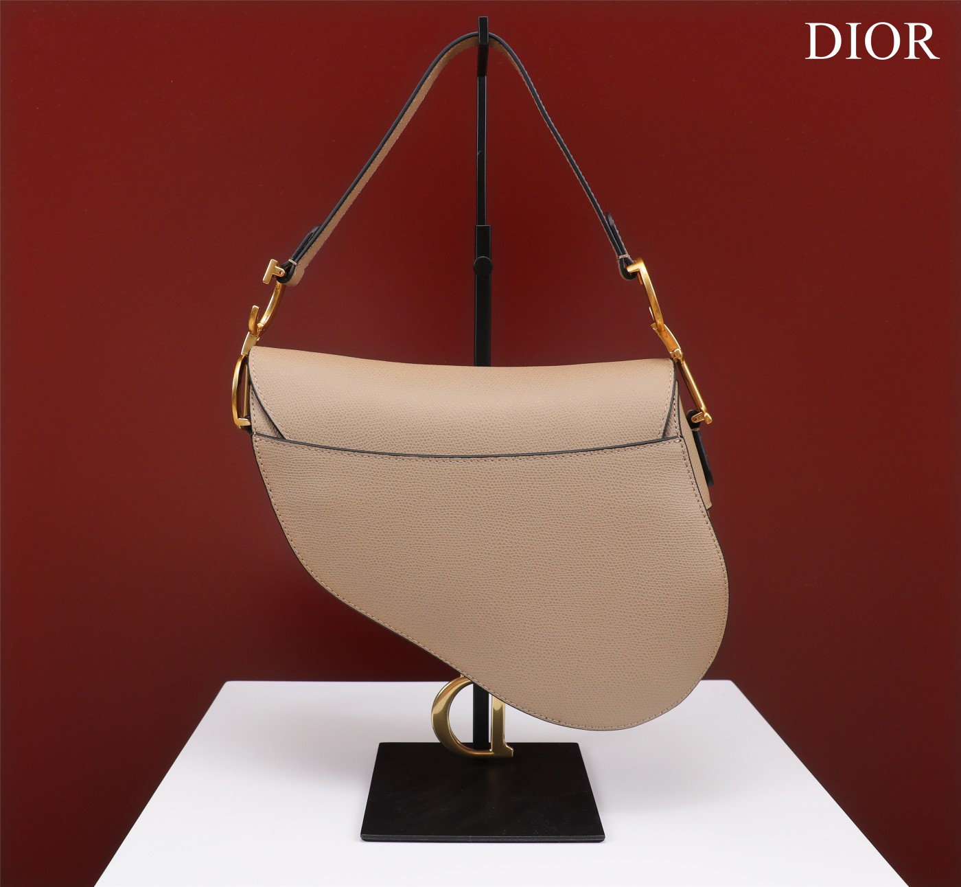 Saddle Bag with Strap Powder Beige Grained Calfskin